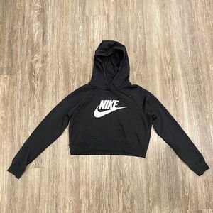 Nike Black and White Cropped Drawstring Hoodie